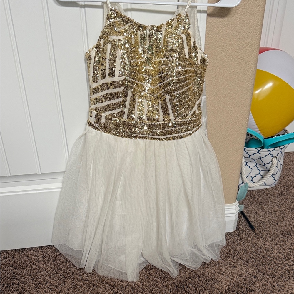 B Darlin Gold Sequin and White Tulle Kids Dance Costume
